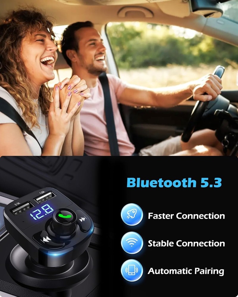 Wireless Bluetooth FM Transmitter Car Charger, Dual USB, Handsfree Call Adapter