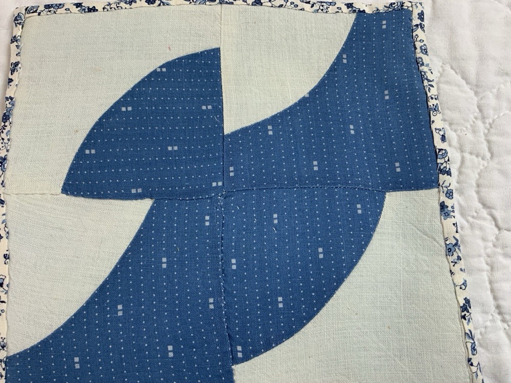 Antique Vintage Patchwork Quilt Table Topper, Drunkards Path, Blue & White