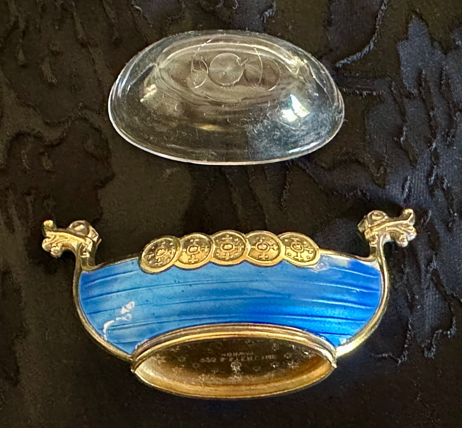Theodore Olsen Norway Gilt Sterling Silver Blue Guilloche Viking Ship Salt