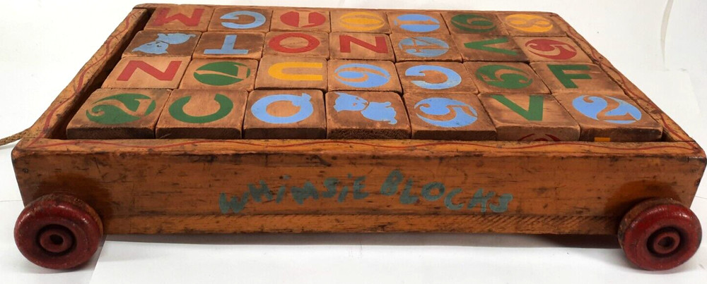 Vintage Whimsie Blocks Full Size 28 Blocks In Pull Wagon
