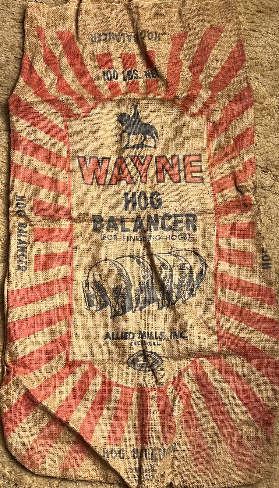 Vintage Wayne Hog Balancer Burlap Feed Bag 100 LBS Allied Mills Inc. Chicago