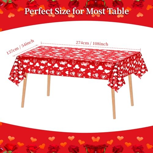 2 Pack Valentines Tablecloth - Heart Valentines Table Cloth, Plastic Red