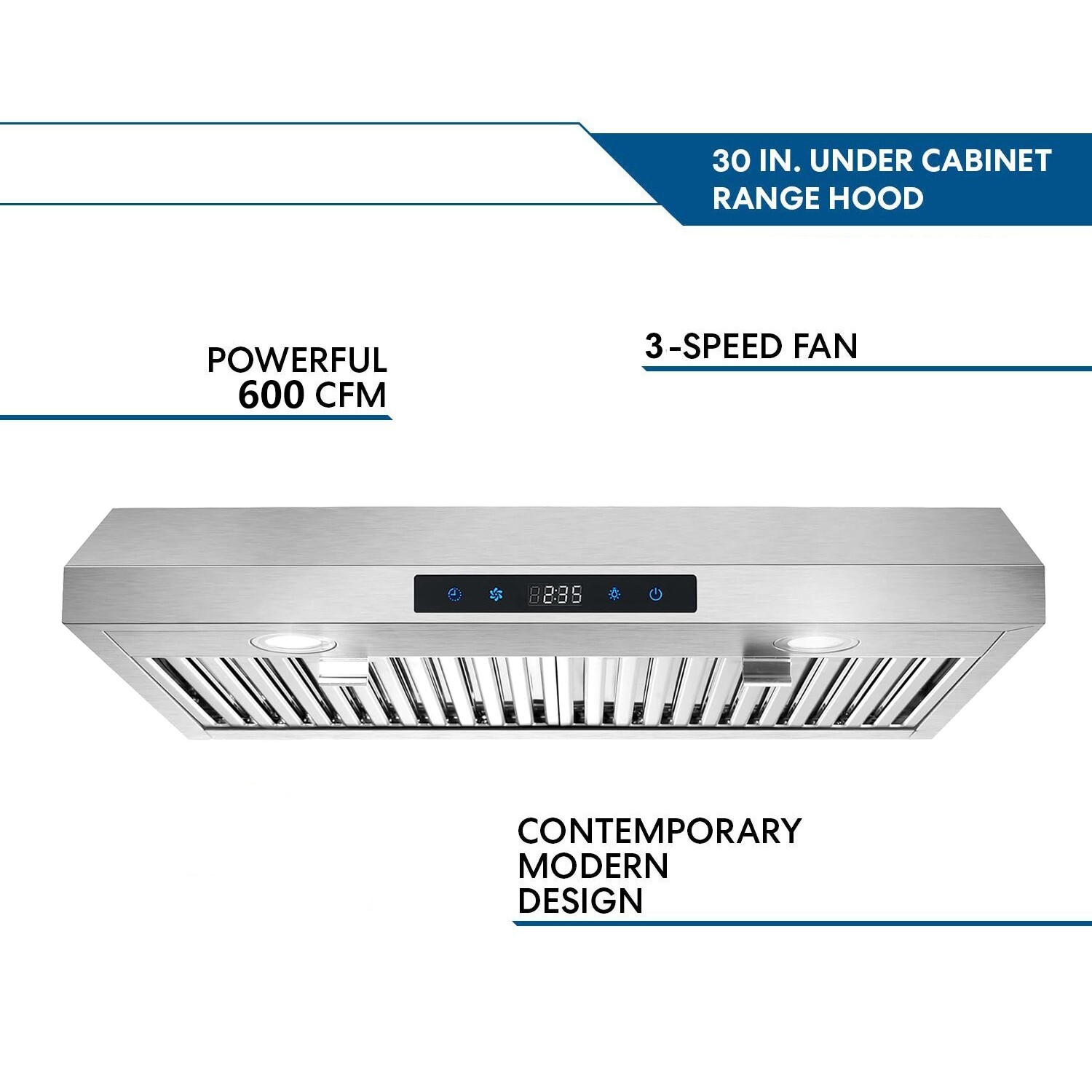 30 inch Kitchen Under Cabinet Range Hood 600CFM Stainless Steel 3-Speed Touch