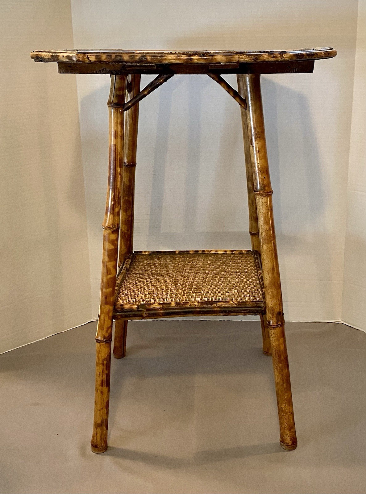 Antique 2 Tier Tiger Bamboo Side Table Victorian Aesthetic Painted Top **READ**
