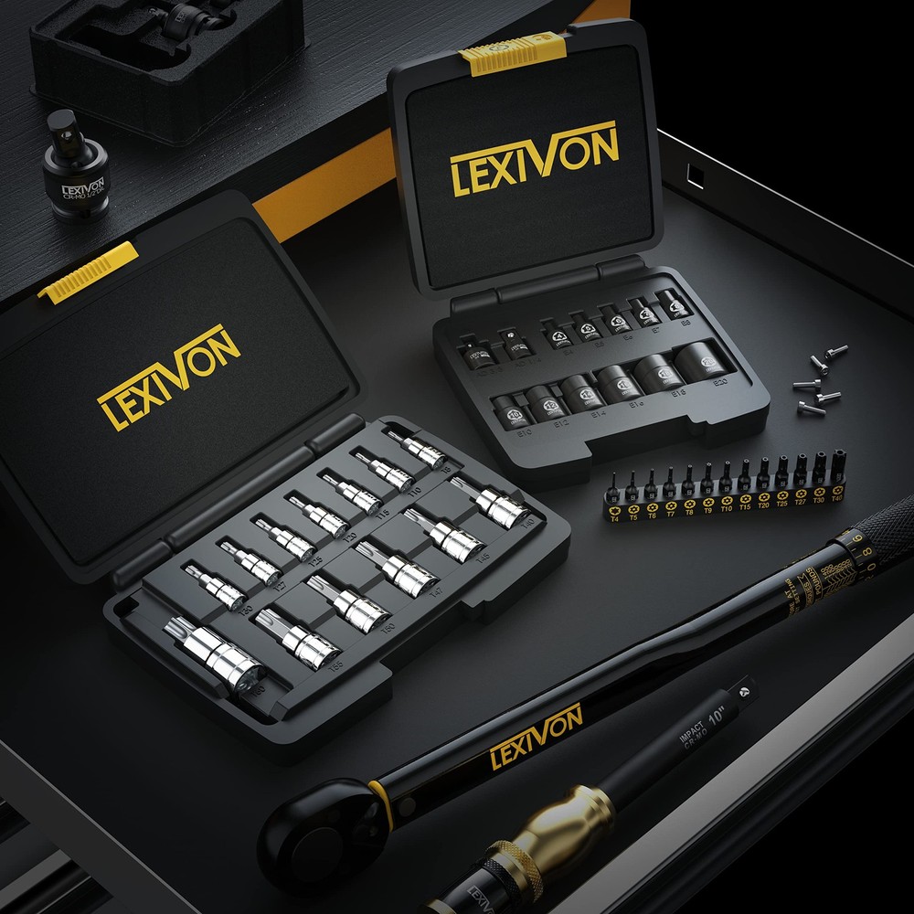 LEXIVON E-TORX Socket Set, Chrome Vanadium Set E4 - E20, Black