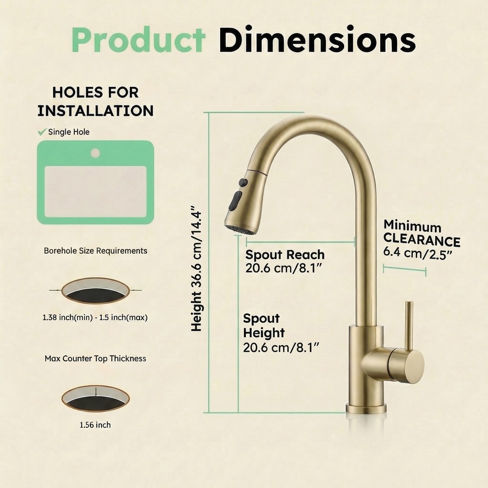 Kitchen Faucet with Pull Down Sprayer – 3 Modes (Stream/Spray/Pause), 15-Min DIY