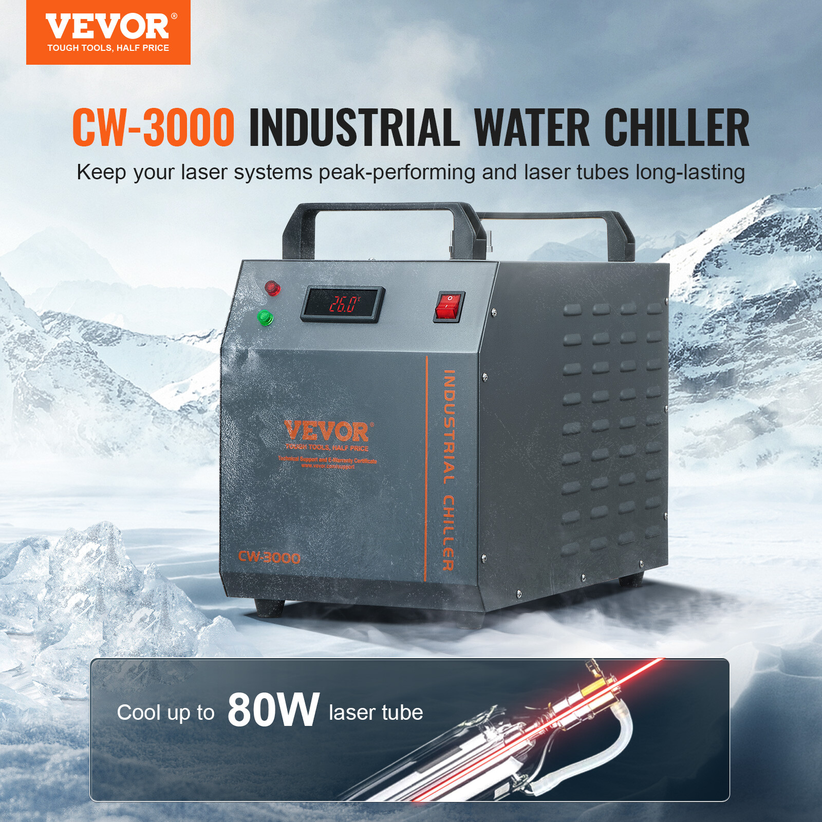 VEVOR Air-cooled Industrial Water Chiller CW-3000 12 L 12 L/min for Laser Tube