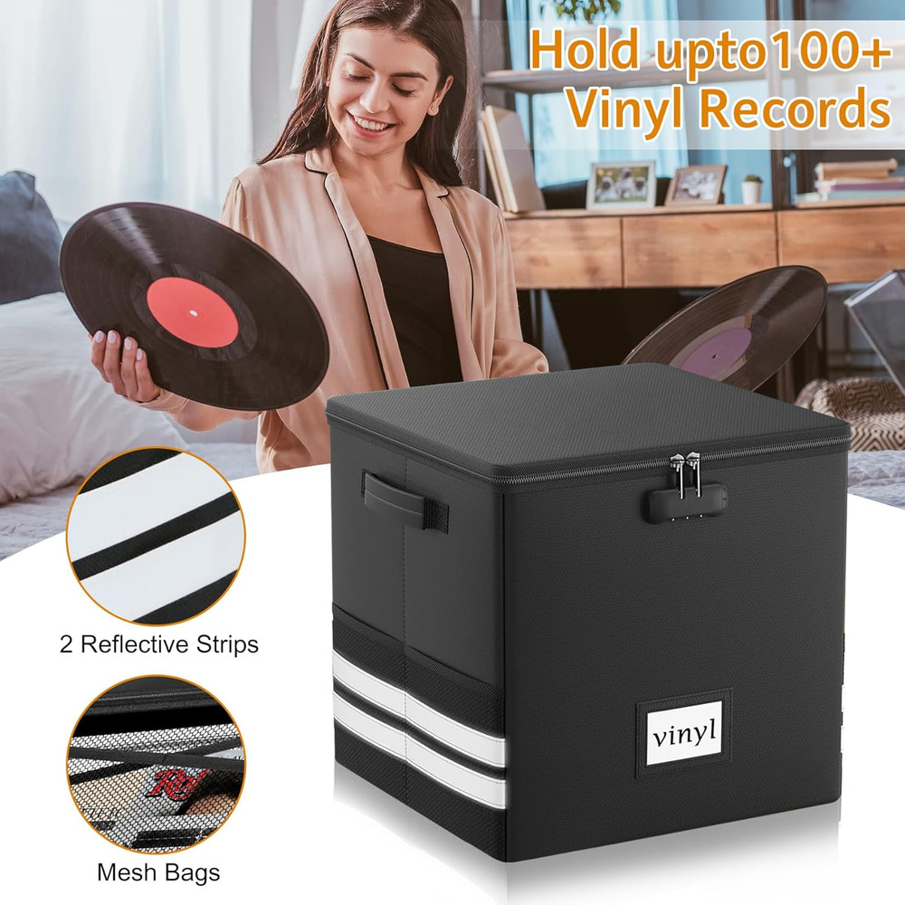 Vinyl Record Storage Box with Lock, Fireproof Waterproof Resistant Organizer