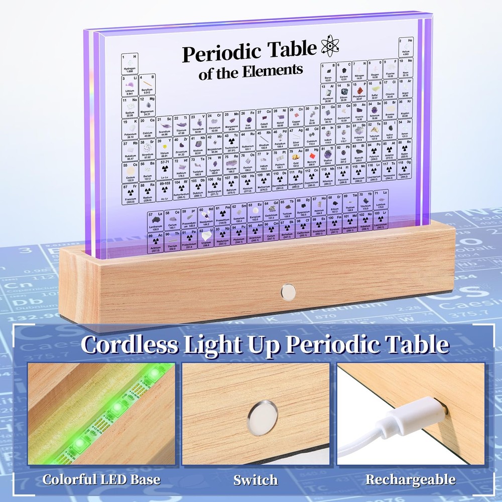 "Large Acrylic Periodic Table with Real Elements & LED Lights - Educational