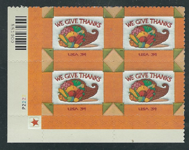 Scott  #3546...34 Cent...Thanksgiving... Plate Block