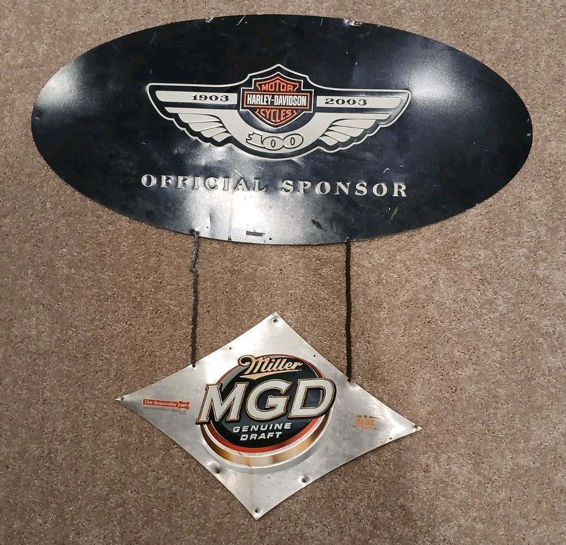 HARLEY DAVIDSON MILLER LITE 100TH ANNIVERSARY METAL AD SIGN (Missing Top Piece)