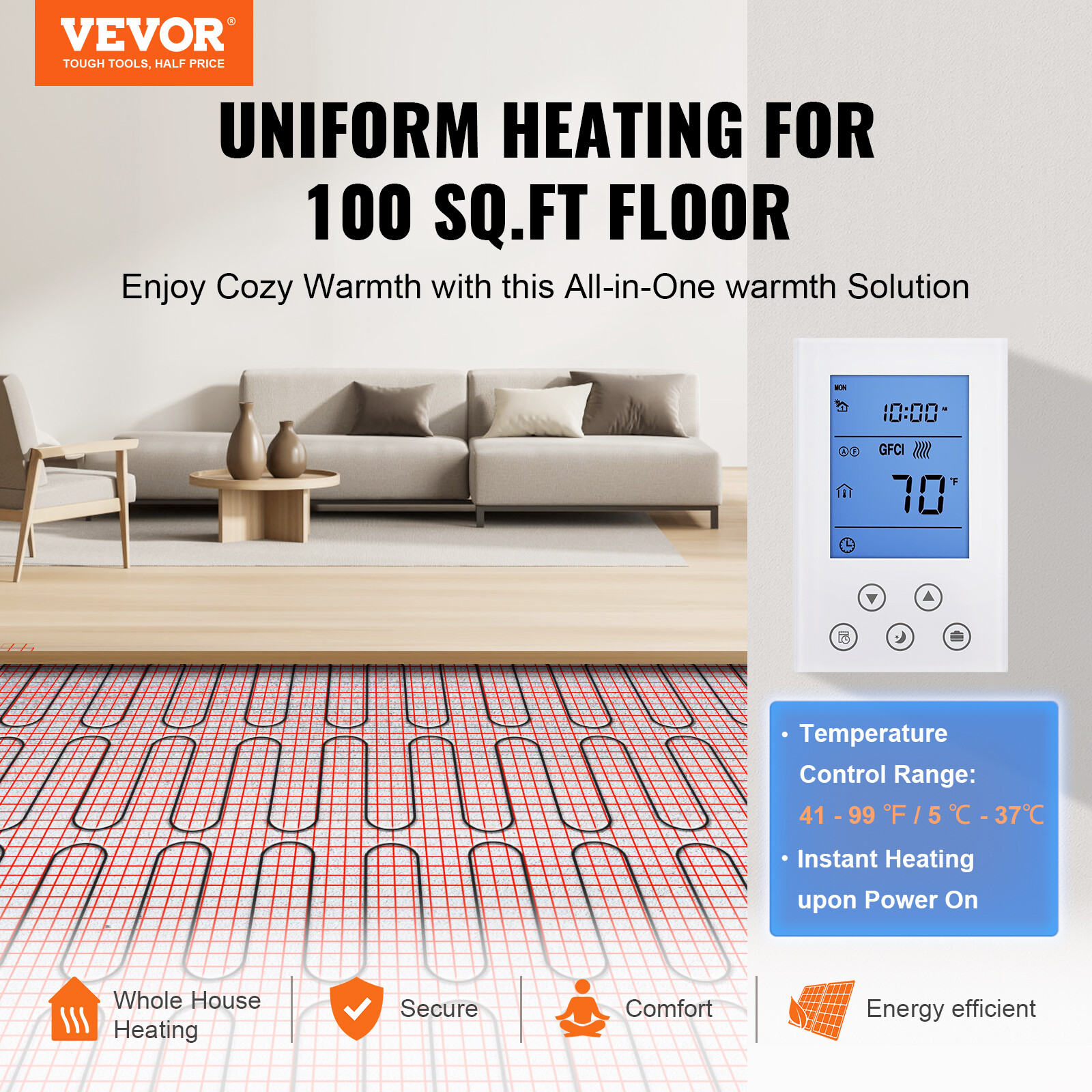 VEVOR 100 sqft Electric Radiant Floor Heating System Heat Mat with Thermostat