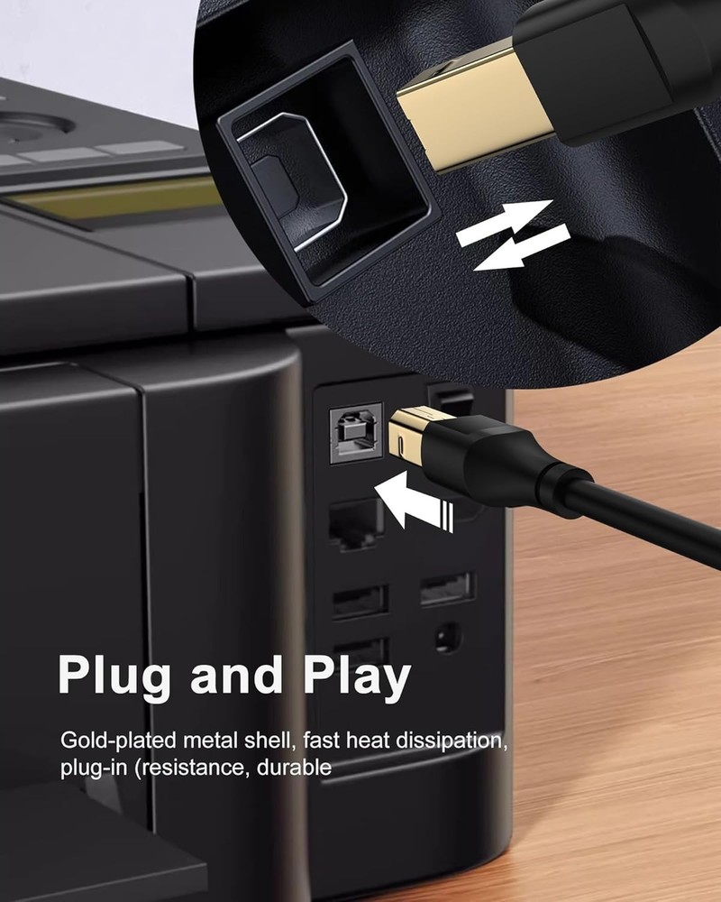 HP Printer Cable 6ft, Square USB A to USB B Cable for Printer/Scanner Epson, HP,