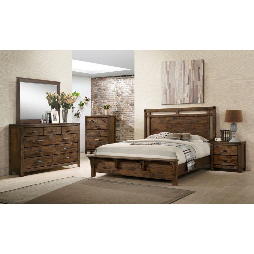 3pc Rustic Style Bedroom Set Brown Queen Panel Bed Chest Nightstand Solid Wood