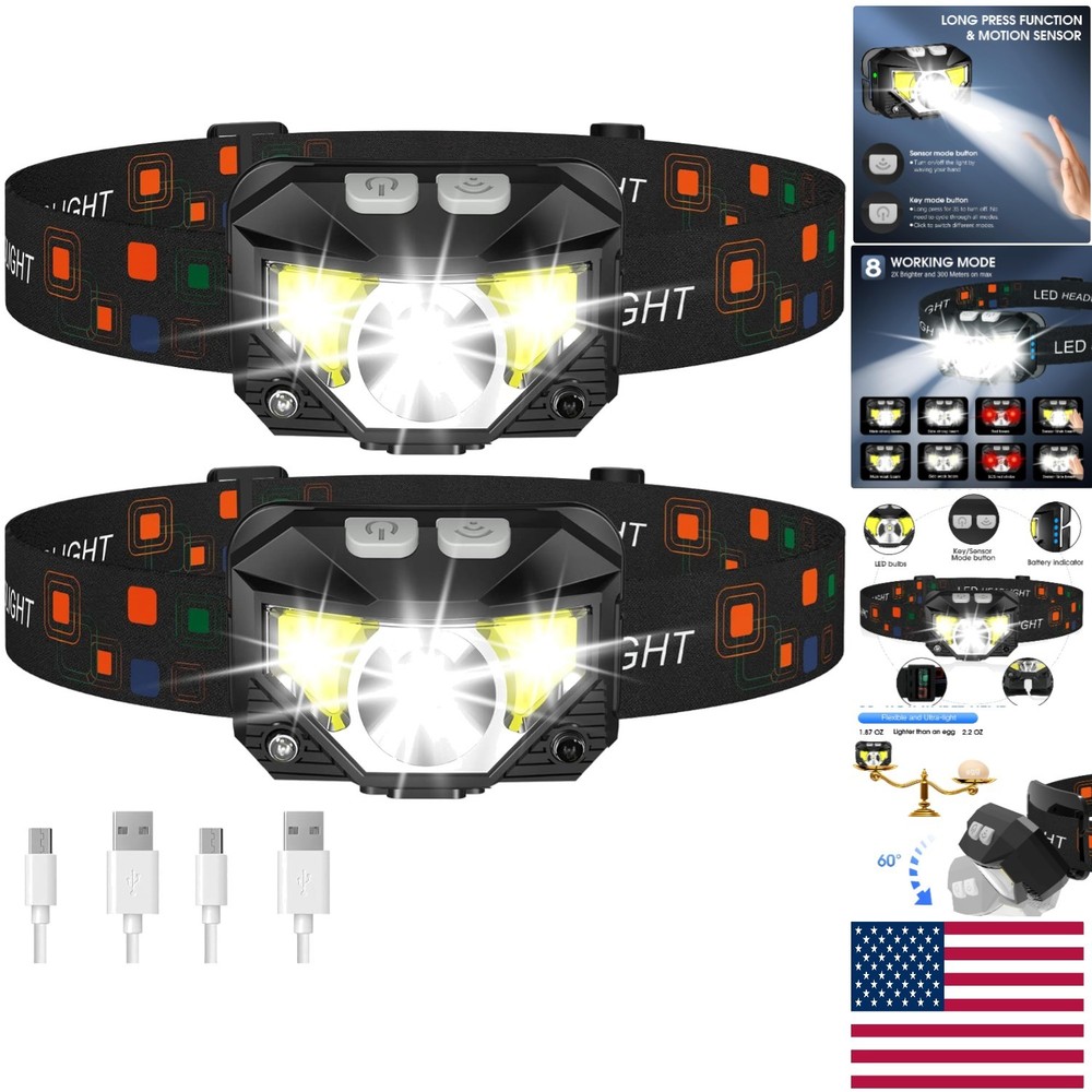 Ergonomic Ultra-Light LED Headlamp Set - 60° Pivot Adjustable & Motion Activated