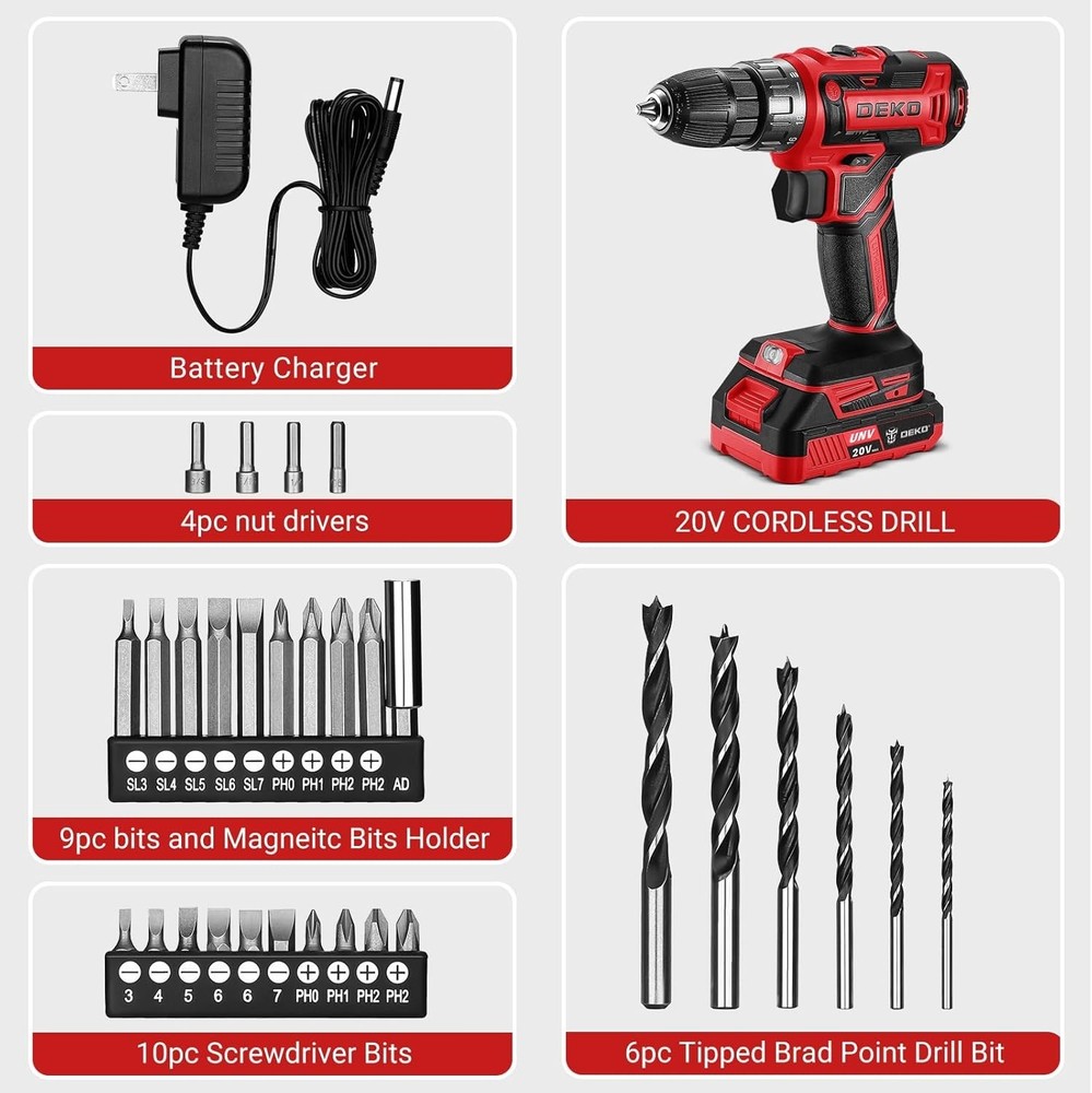 DEKO PRO 20V Electric Drill with Variable Speed & High Torque - Red Edition