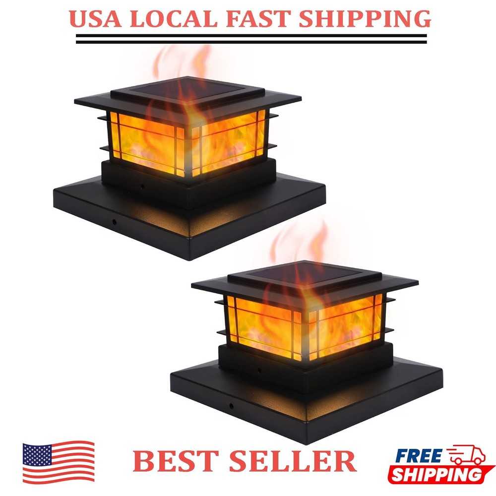 Dynaming 2 Pack Solar Post Cap Lights 2 Flickering Flame Lights, Black