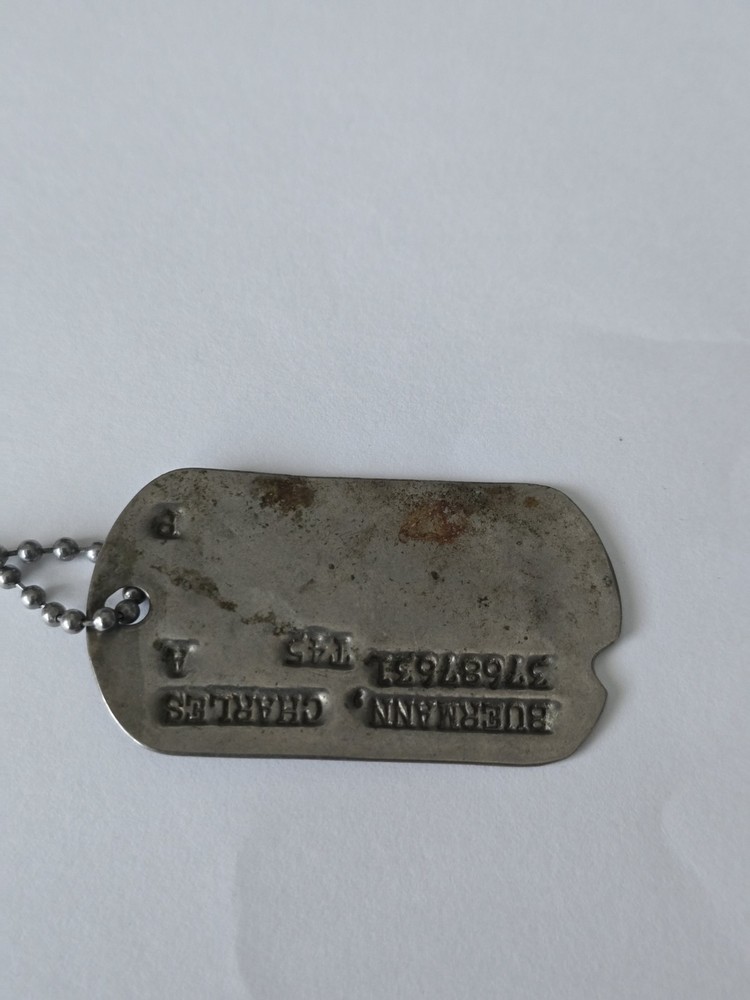 WWII US Army Dog Tag Charles A Buermann 37687857 T43 w/ Chain Coins