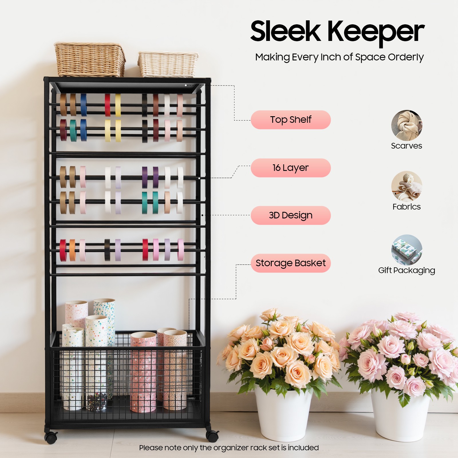16-Tier Double-Sided Ribbon Holder Organizer Rack Ribbon Storage Holder W/ Wheel