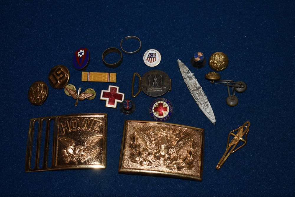 Vintage WWII Junk Drawer Mixed Lot Belt Buckles Red Cross Badges Collar Tabs DUI