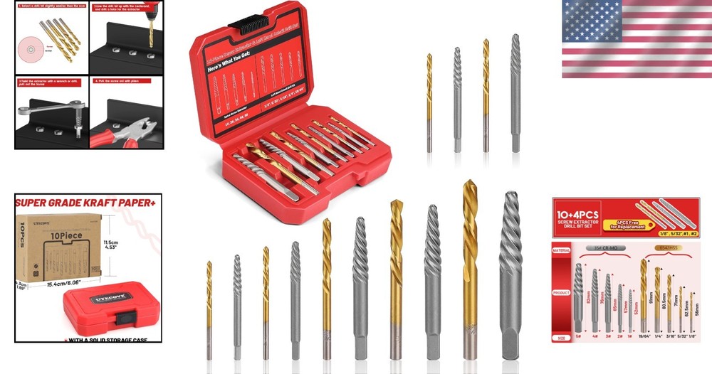 14-Piece Left Hand Drill Bit Set for Effortless Broken Bolt Extraction