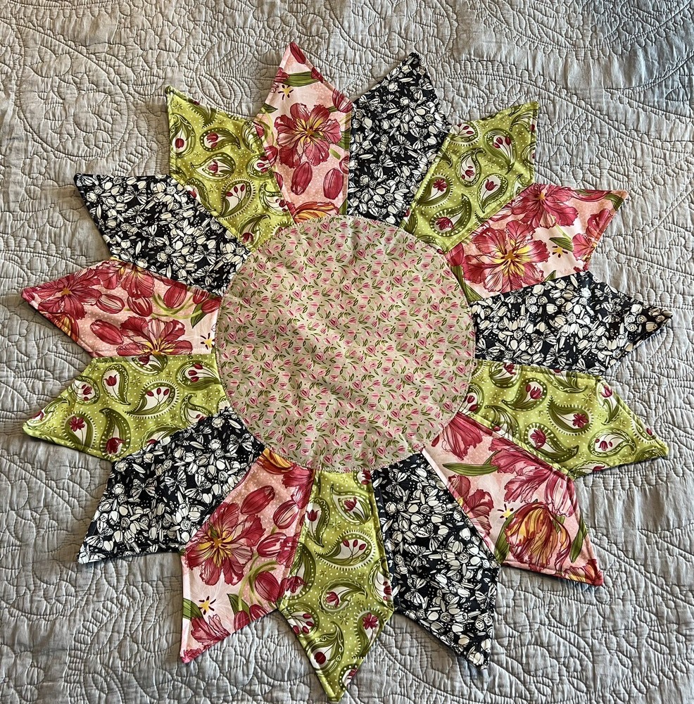Handmade Quilted Table Runner/Topper ~ 29"  ~ Pink, Green, Grey