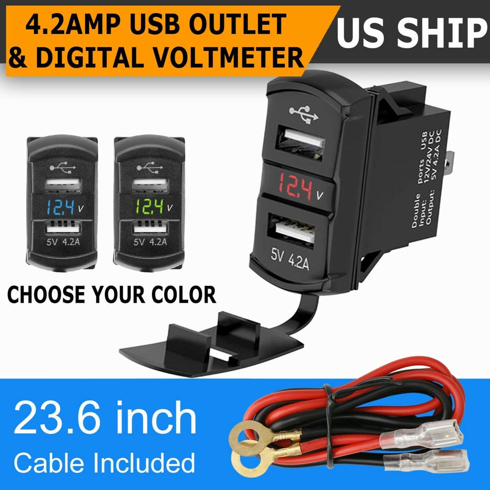 12V Dual USB Charger Socket LED Voltage Voltmeter Rocker Switch Panel Car Boat
