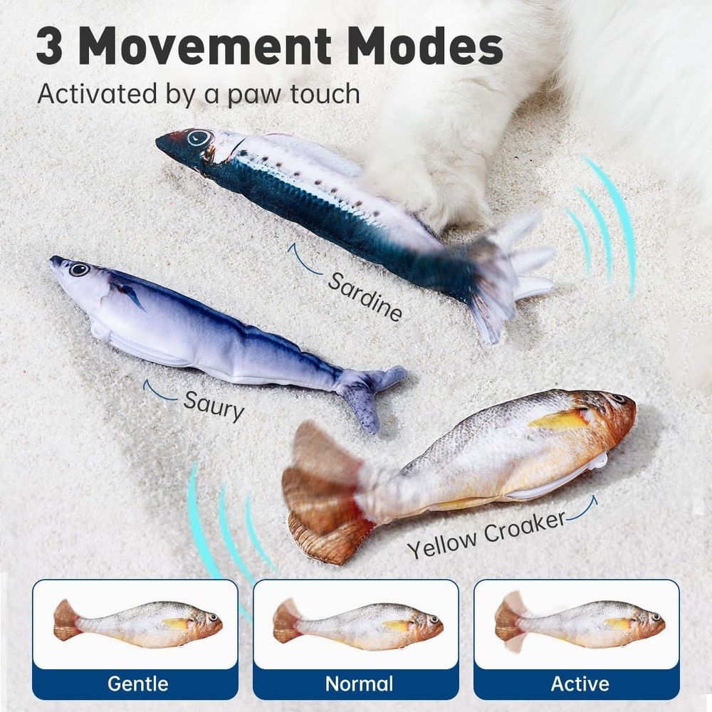 Petgravity Bite-Sized Realistic Flopping Fish Cat Toys, 3 Pack, Interactive Cat