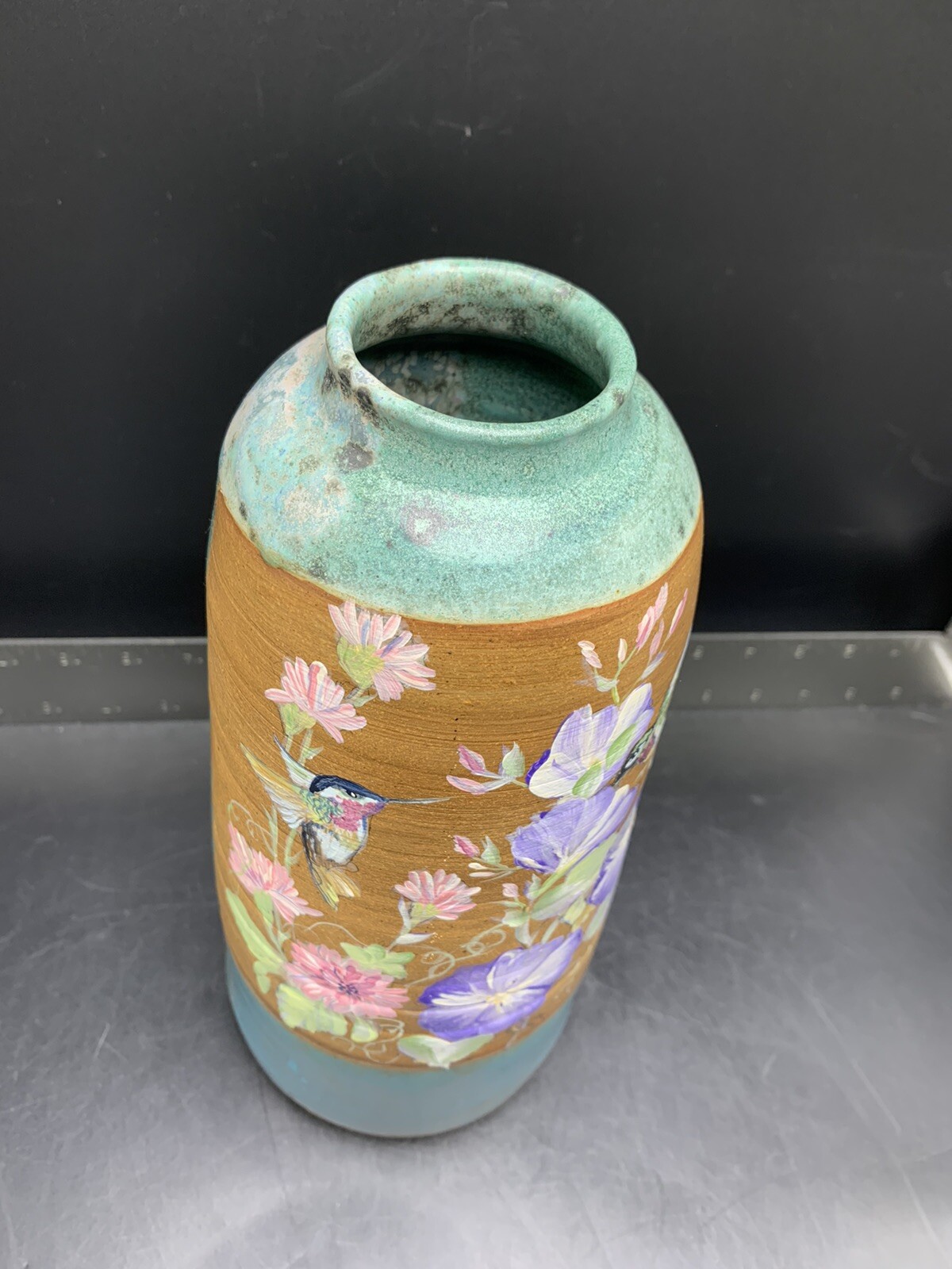 Hummingbird Vase Pottery Hand Painted Floral Art Planter