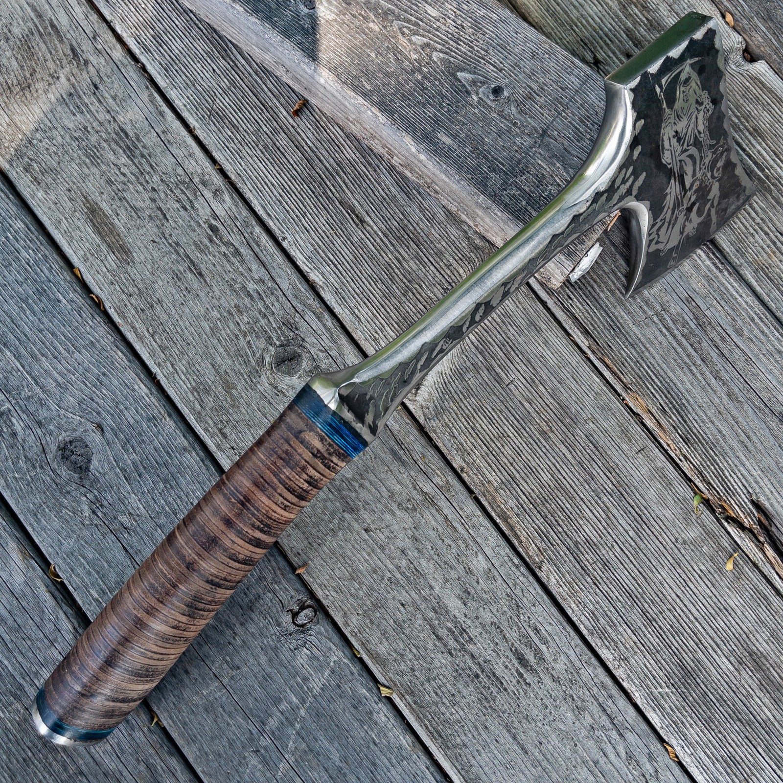 Custom Engraved Grim Reaper Hunting Axe Carbon Steel Full Tang Hatchet Wood Grip