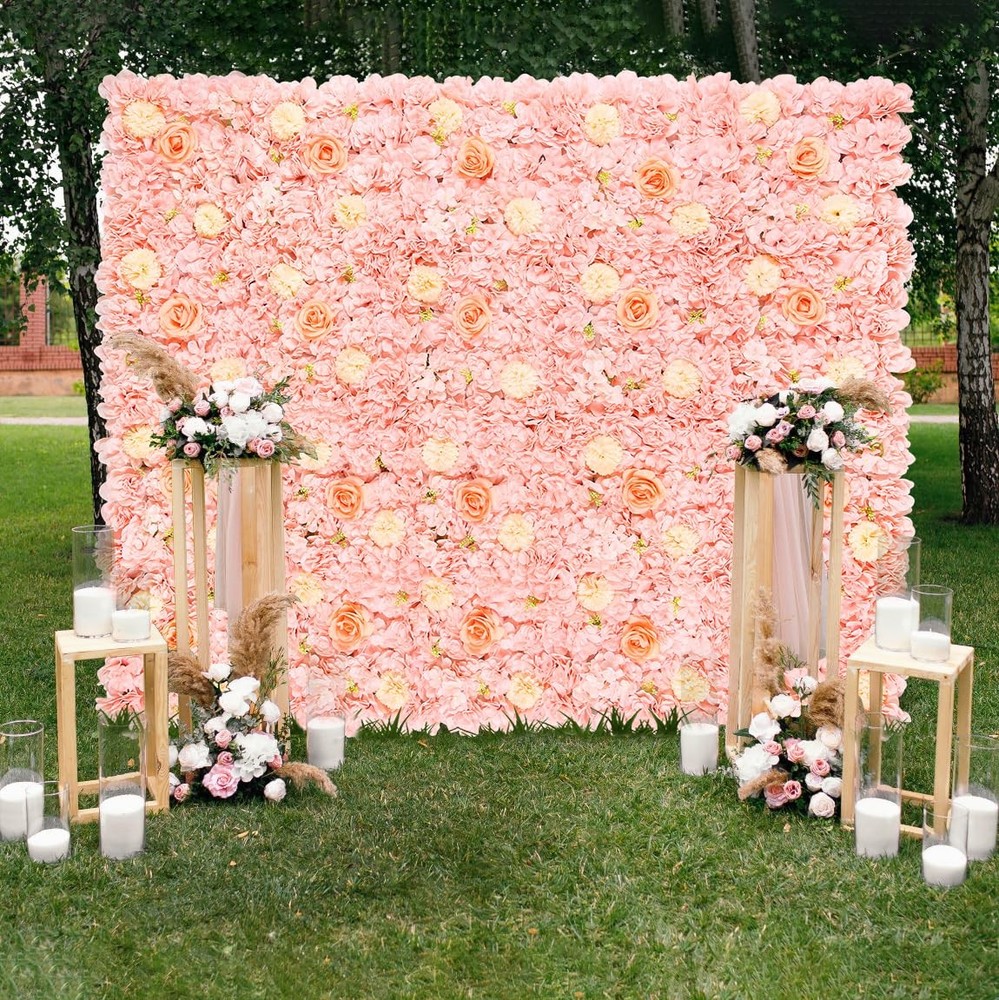 Artificial Flower Wall 5ftx3.74ft Peach Floral Backdrop Wedding Wall Panel Fa...