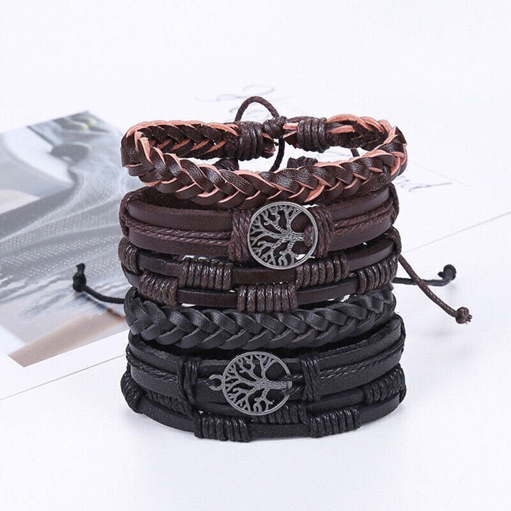 6/12PCS Men Women Braided Leather Rope Bracelet Set Wristband Bangle Tribal