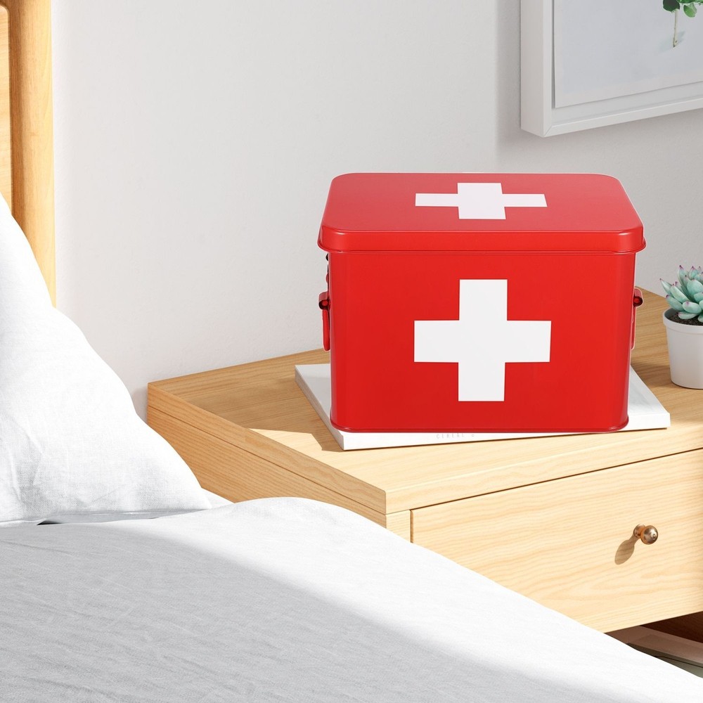 Metal First Aid Empty Box, Medicine Storage Organizer with Removable Tray Handle