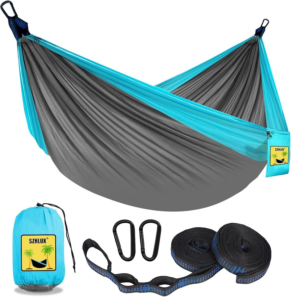 SZHLUX Camping Hammock Double & Single Medium, Light Grey & Sky Blue