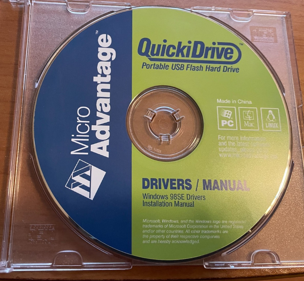 Micro Advantage QuickiDrive Portable USB Flash Drive 98SE Drivers/Manual CD-ROM