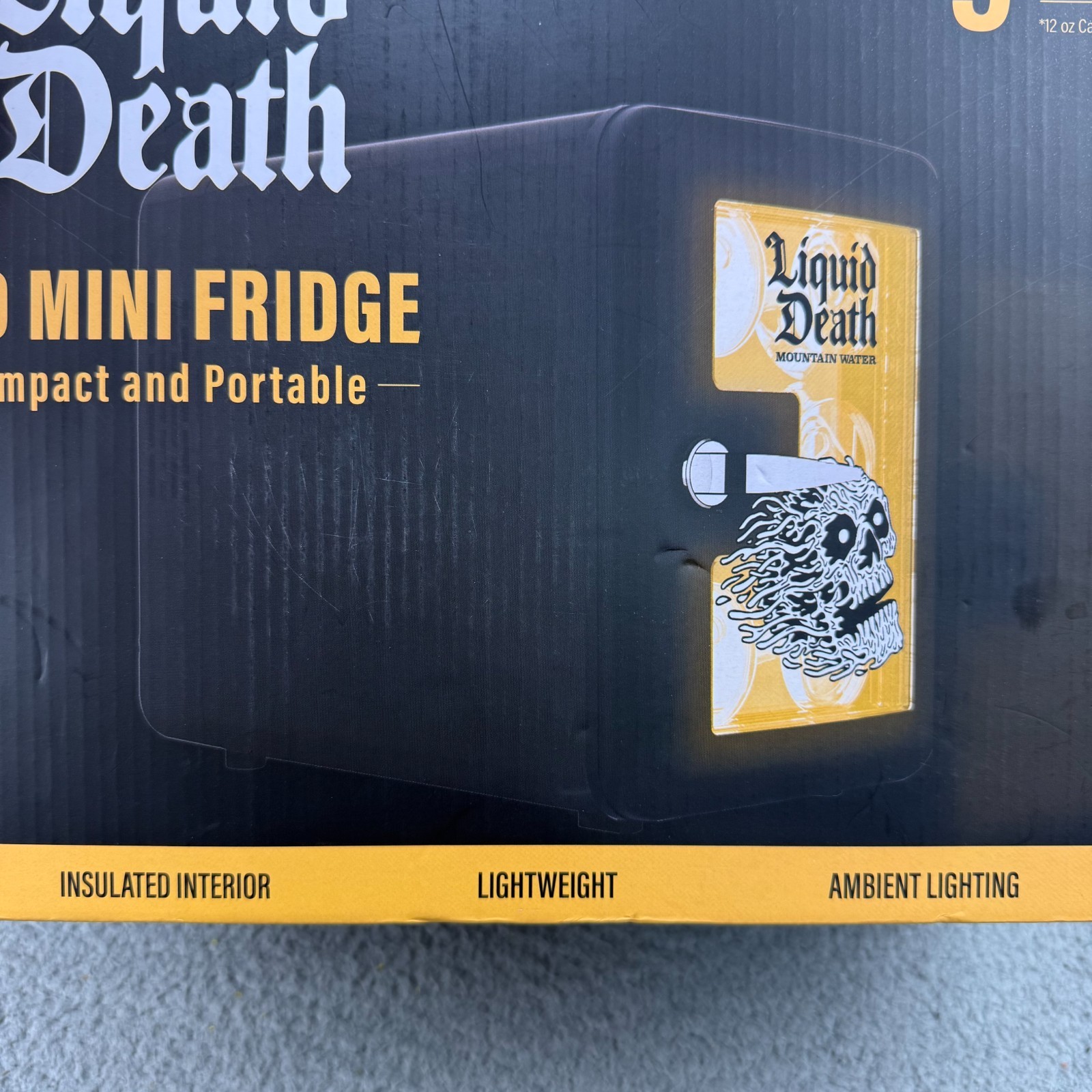 Liquid Death LED Mini Fridge 9 Can Capacity (12 oz) Portable Insulated Lighting
