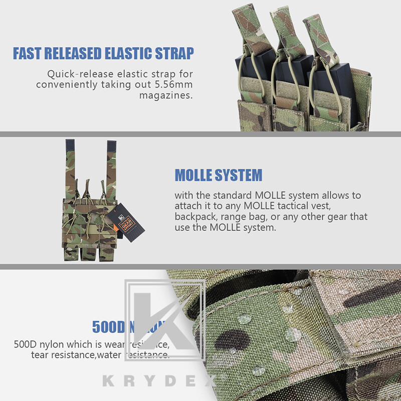 KRYDEX Triple Open Top Magazine Pouch Tactical Mag Carrier Holder MOLLE Back