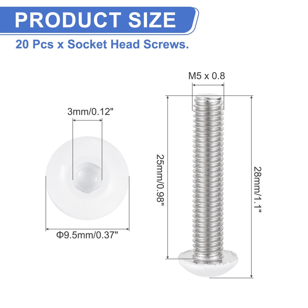 20 Pcs M5-0.8 x 25mm Button Head Socket Cap Screw Machine Screw, White