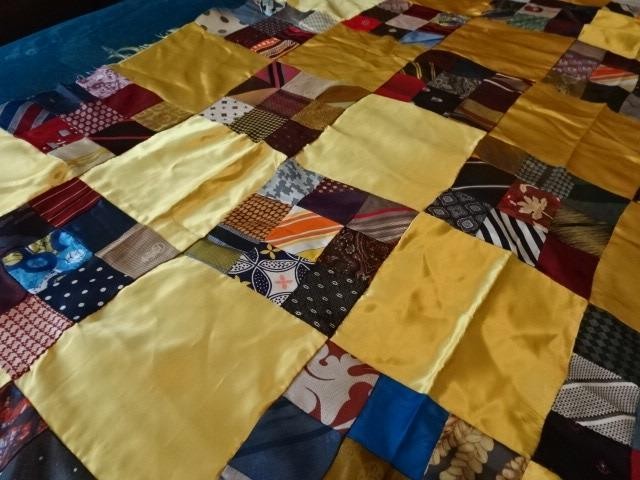 Vtg Handmade Quilt top-61" x 48" 9 patch blocks&silky gold solid-using men ties