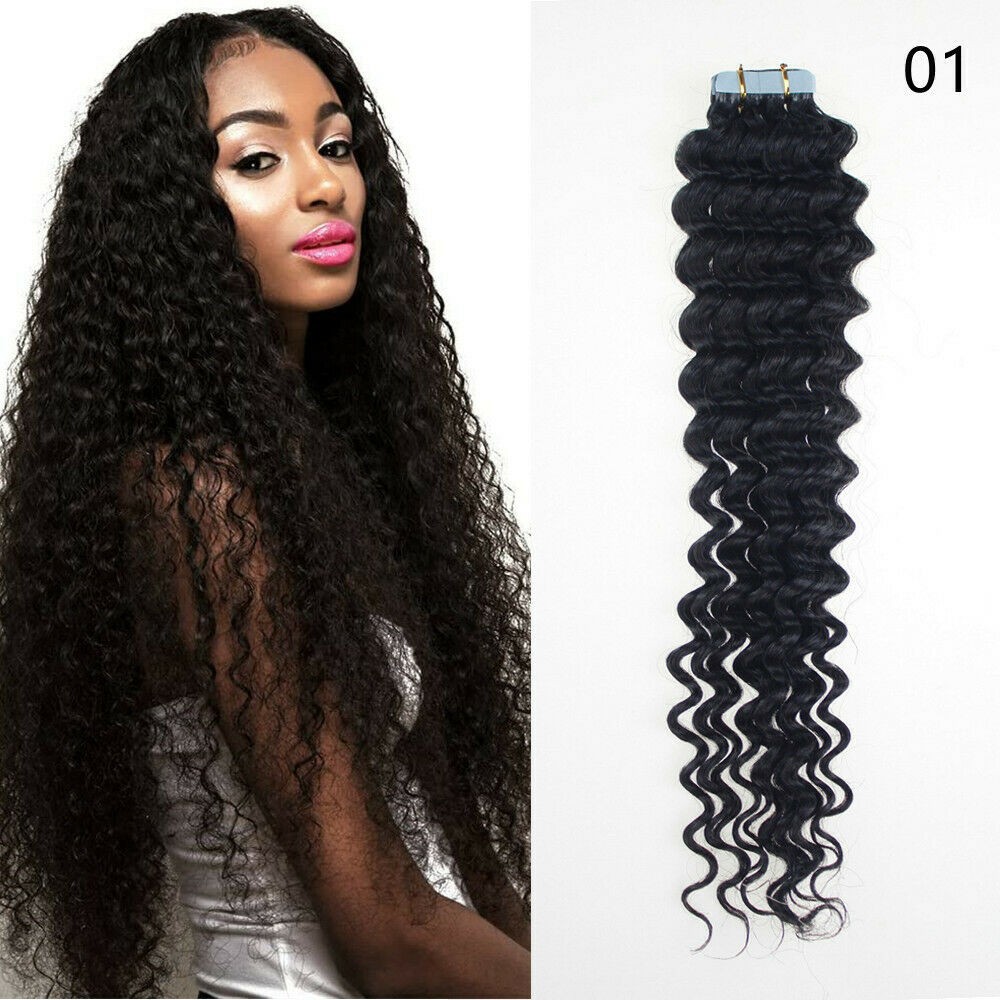 Invisible Tape in Hair Extensions 100% Human Hair Balayage Curly Skin Weft 18in