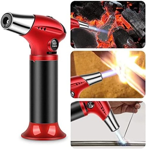Red & Black Refillable Kitchen Blow Torch, Adjustable Flame, 6 Inches