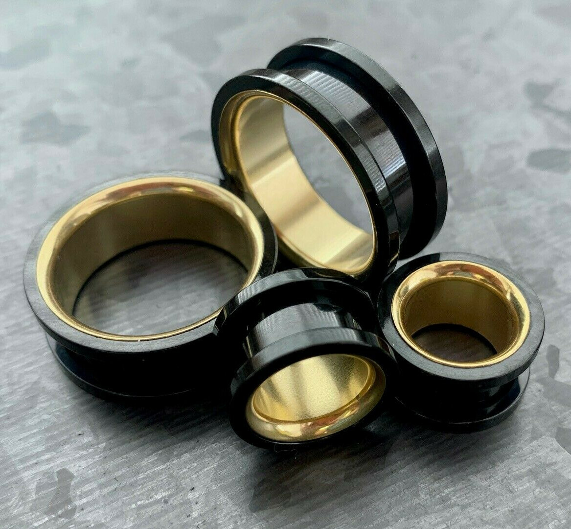 PAIR Black with Gold Interior Screw Fit Tunnels Ear Plugs Earlet Gauges
