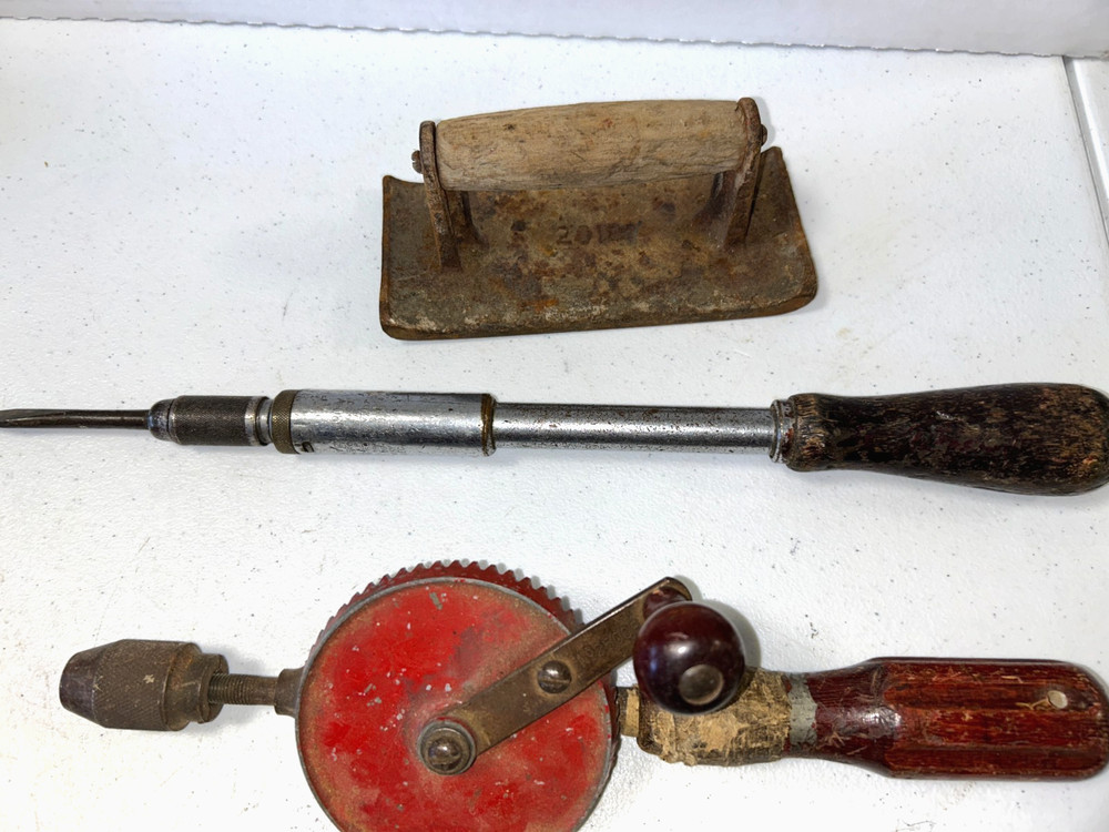 Vintage 5 Wooden Handles Tools: Drill, Screwdriver, Edger, Tack Puller,
