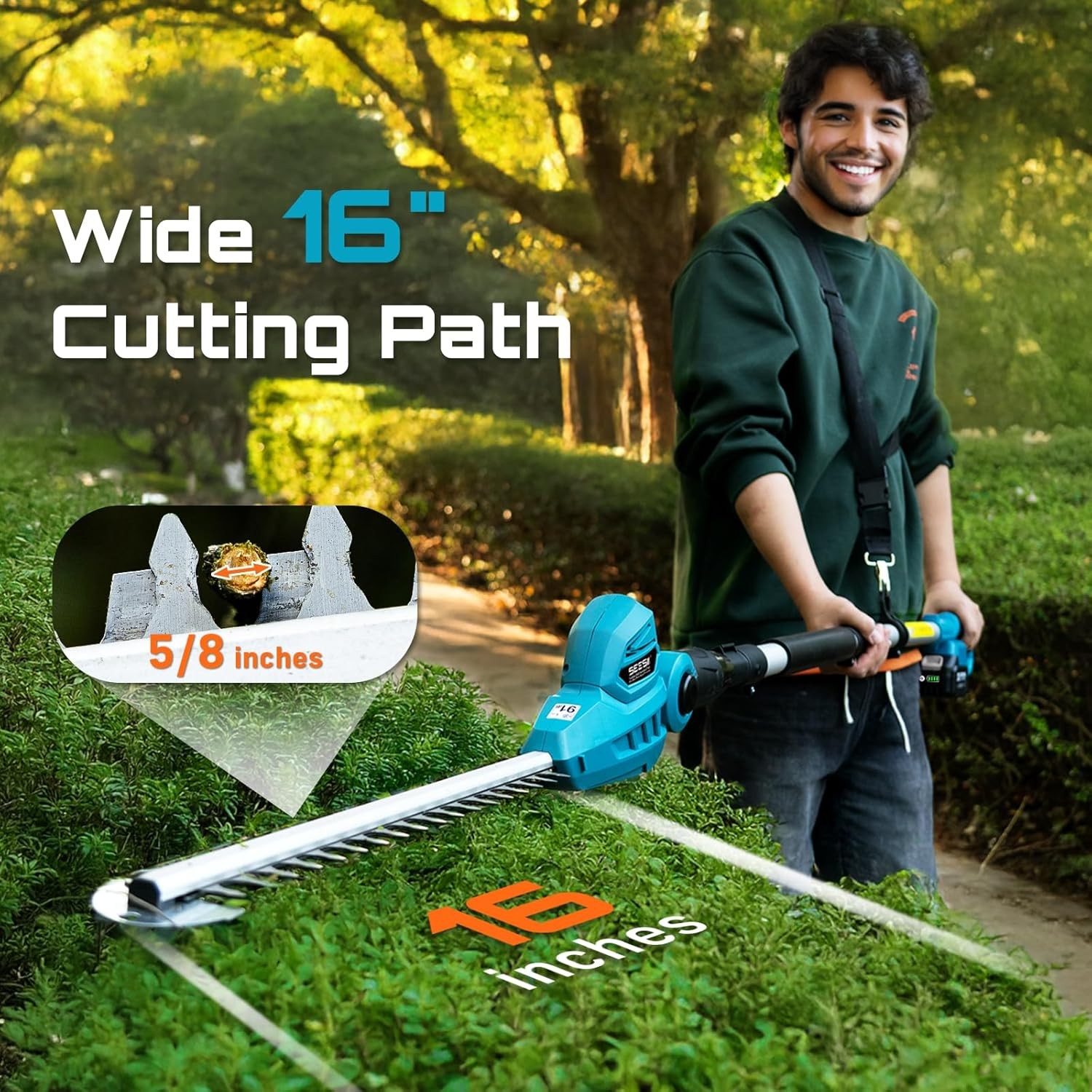 SEESII Pole Hedge Trimmer Cordless 20" Dual-Action Blade 8Ft Telescopic Pole