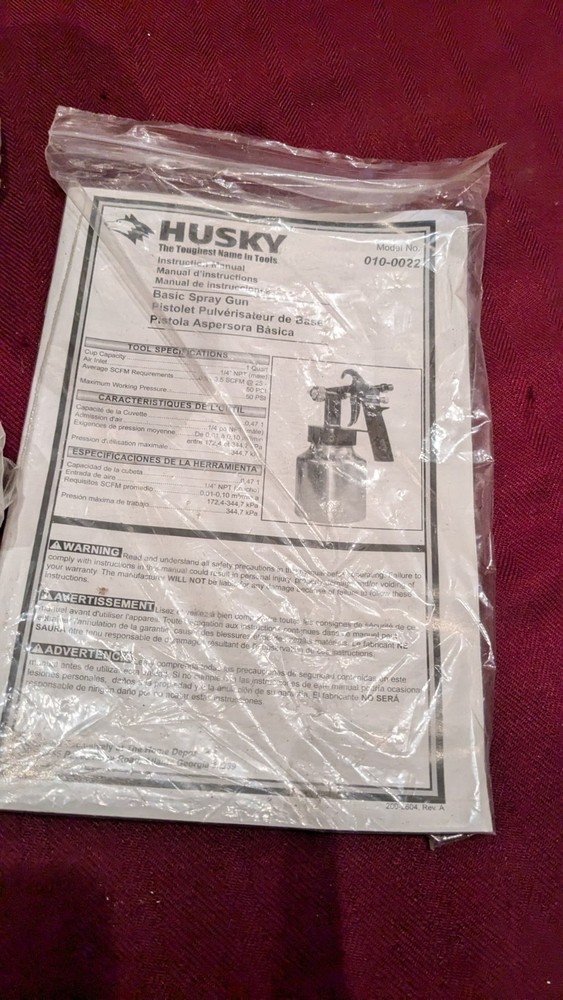 New, Open Box Husky Basic Spray Gun Model 010-0022 50 PSI Max, 1 Quart
