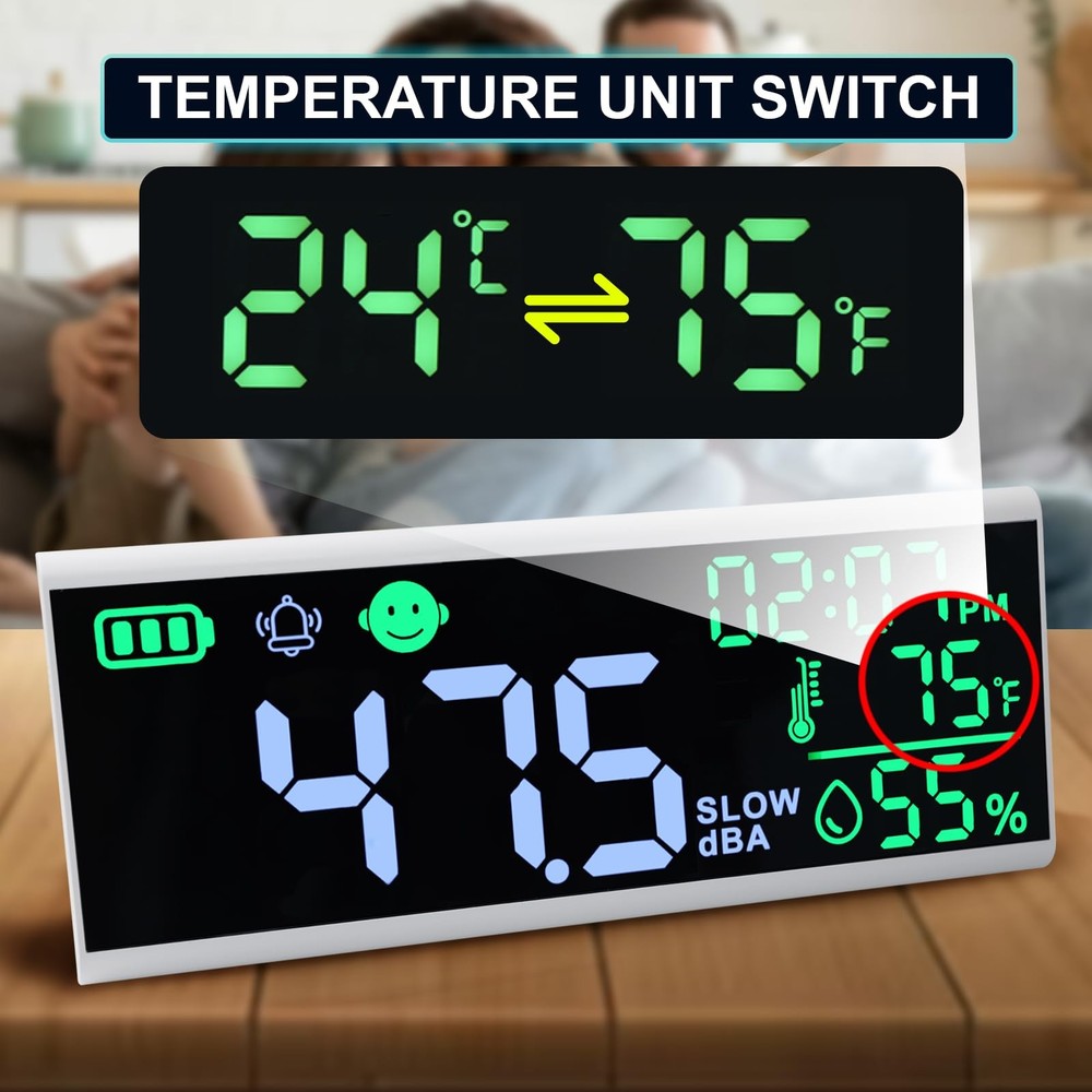 Decibel Meter 13" Sound Display Time Temperature Humidity,...