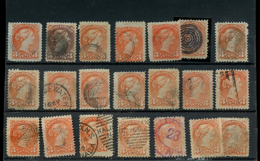 SMALL QUEEN 3 cent Various cancels, corks, used lot CAnada