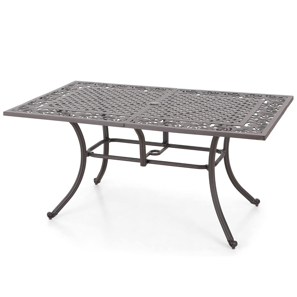 Patio Dining Table Cast Aluminum Outdoor Rectangular Table W/ Umbrella Hole