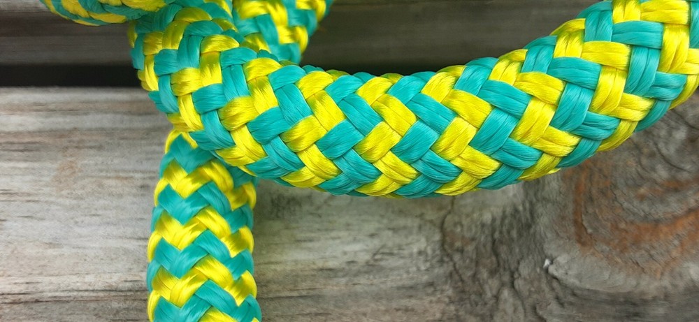 9/16 x 100 ft. Double Braid-Yacht Braid Polyester Rope. Turquoise/Yellow
