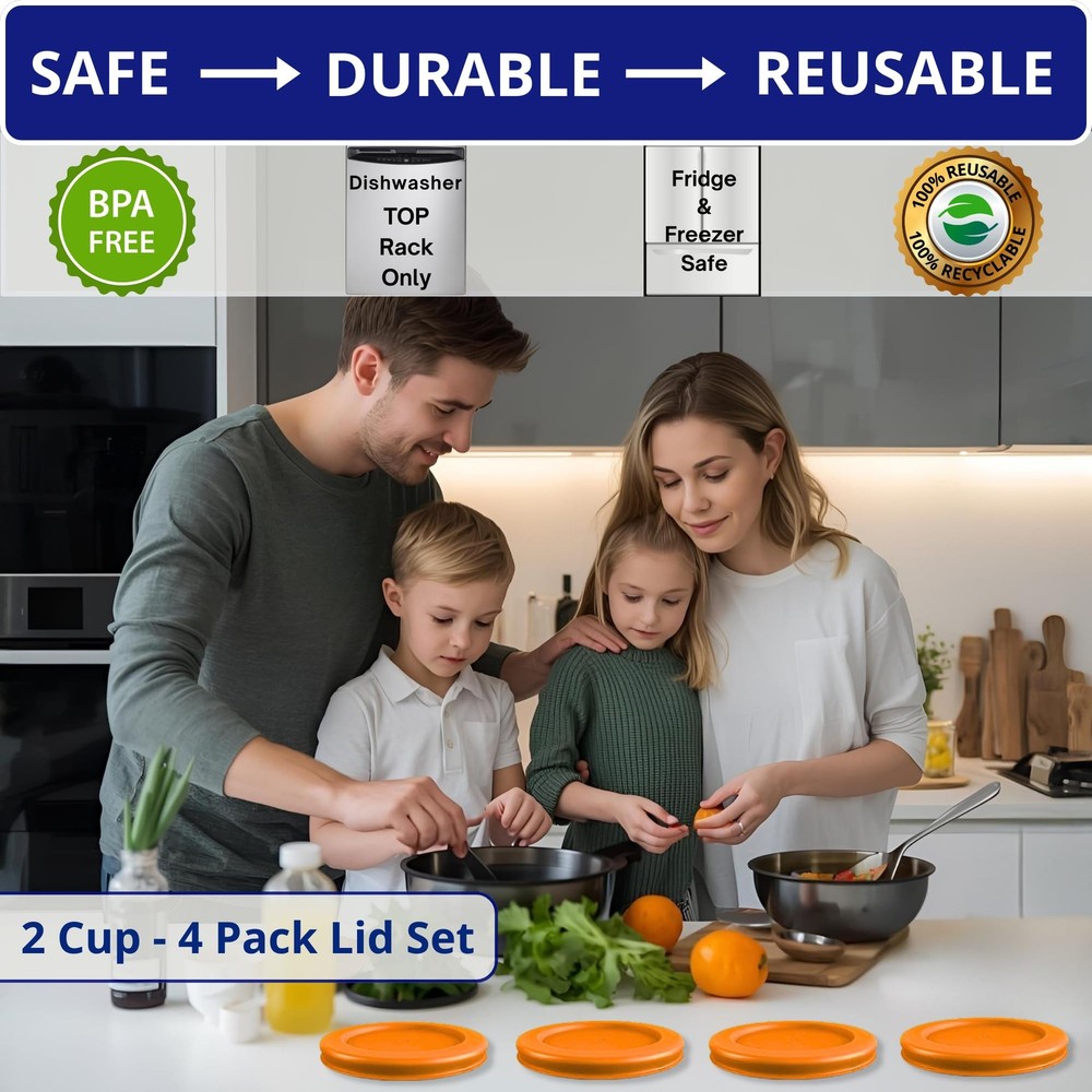2 Cup/470 mL Orange Replacement Lids/Covers for Pyrex 7200-PC, 4 Pack,